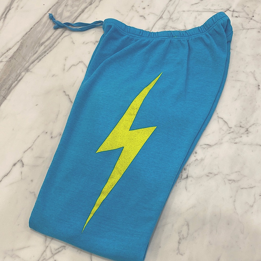 🔥 Aviator Nation Neon Blue Neon Yellow Bolt Sweatpants - Size Large L 🔥